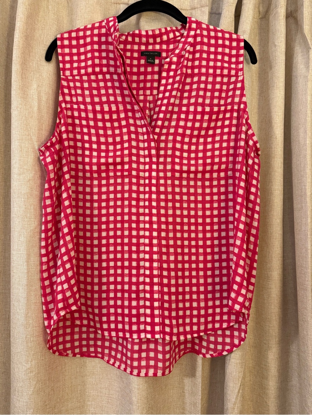 Ann Taylor Pink and White Windowpane Sleeveless Blouse